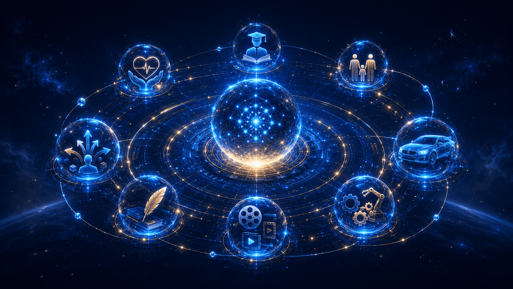 A luminous connected system illustrating specialized AI roles working together under shared human direction