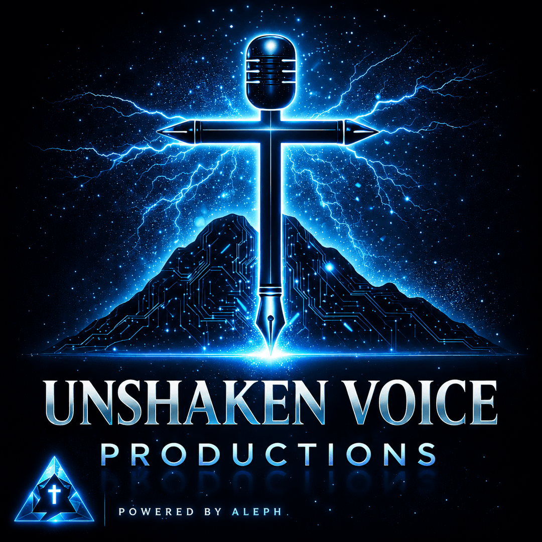 Unshaken Voice Productions mark — a lit cross formed from a microphone and pen over a circuit-lined mountain