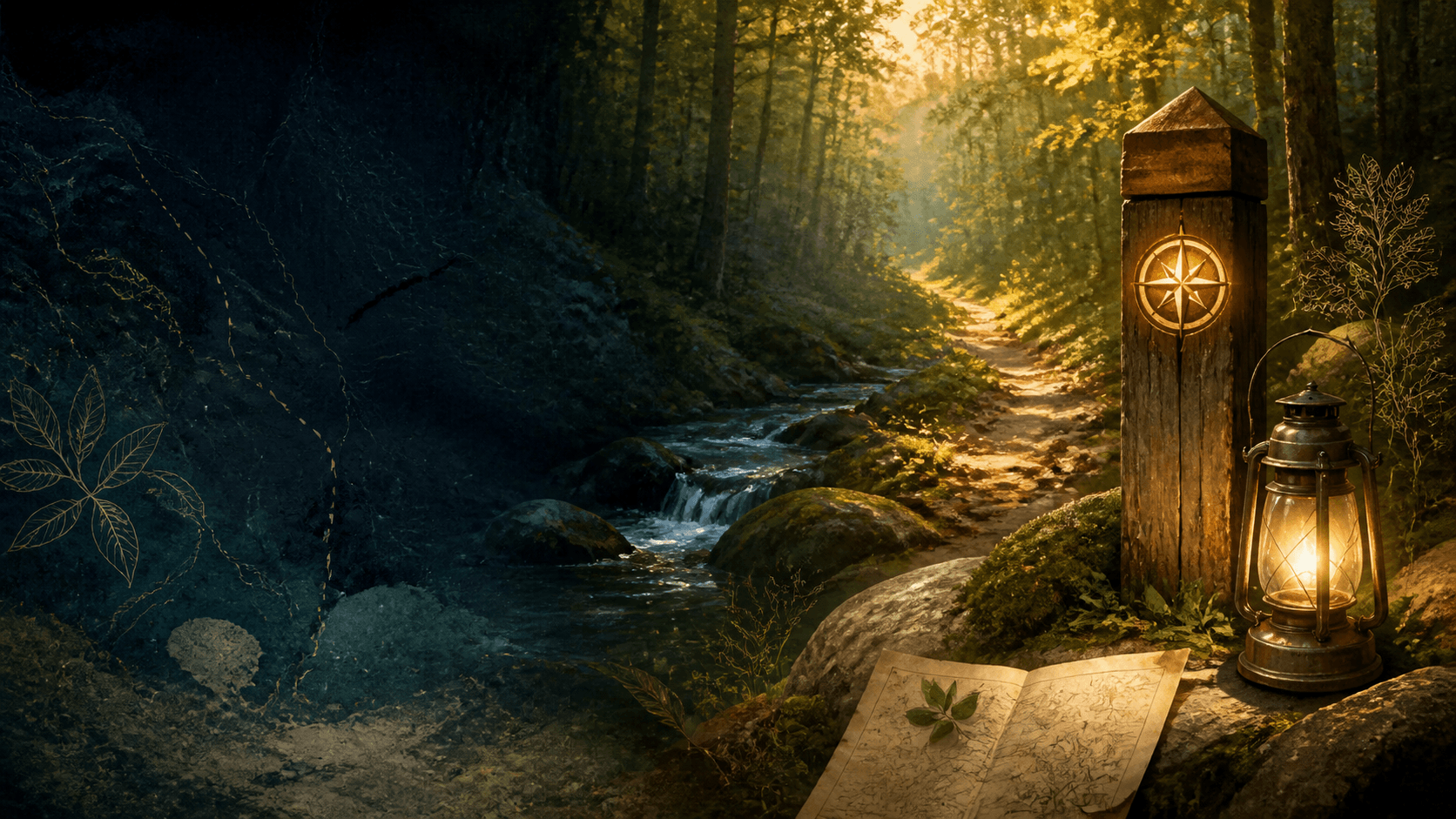 A sunlit Tennessee woodland trail beside a creek, marked by a glowing compass and lantern