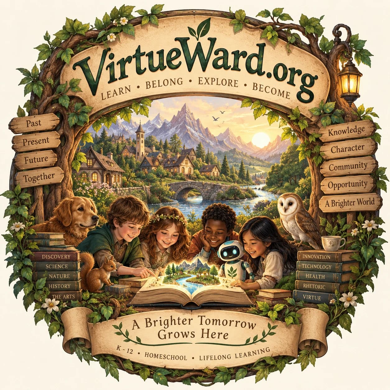 Virtueward learning world artwork with children, books, science, nature, history, technology, character, and community
